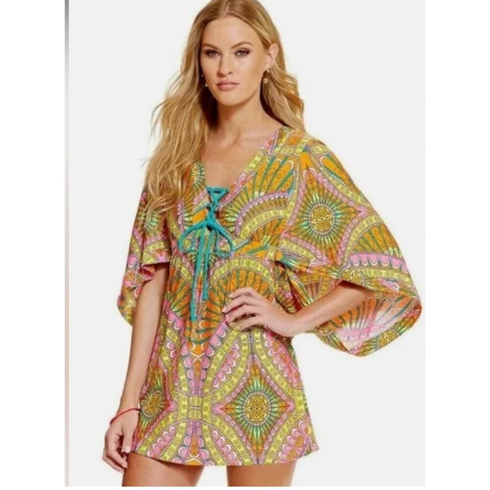 Trina Turk Capri Sherbet Orange Pink Swim Cover Up Tunic Dress Boho Chic Resort
